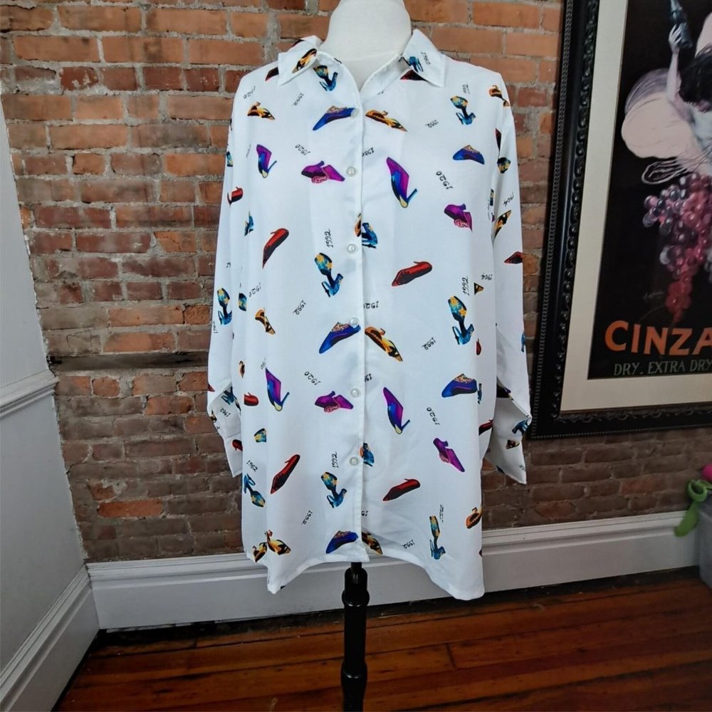 Vintage Tunic Blouse White Multicolor Shoe Print Button Down Plus Size 3X